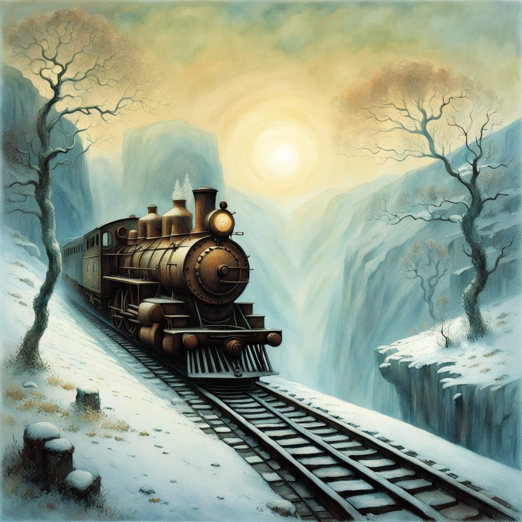 Majestic, rusted locomotive in winter landscape  ...  by @KrystofM75