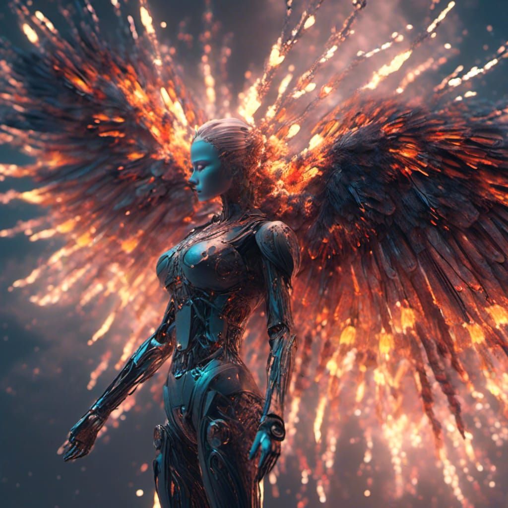 Cyberpunk Cyborg Angel Rising From Firework Smoke