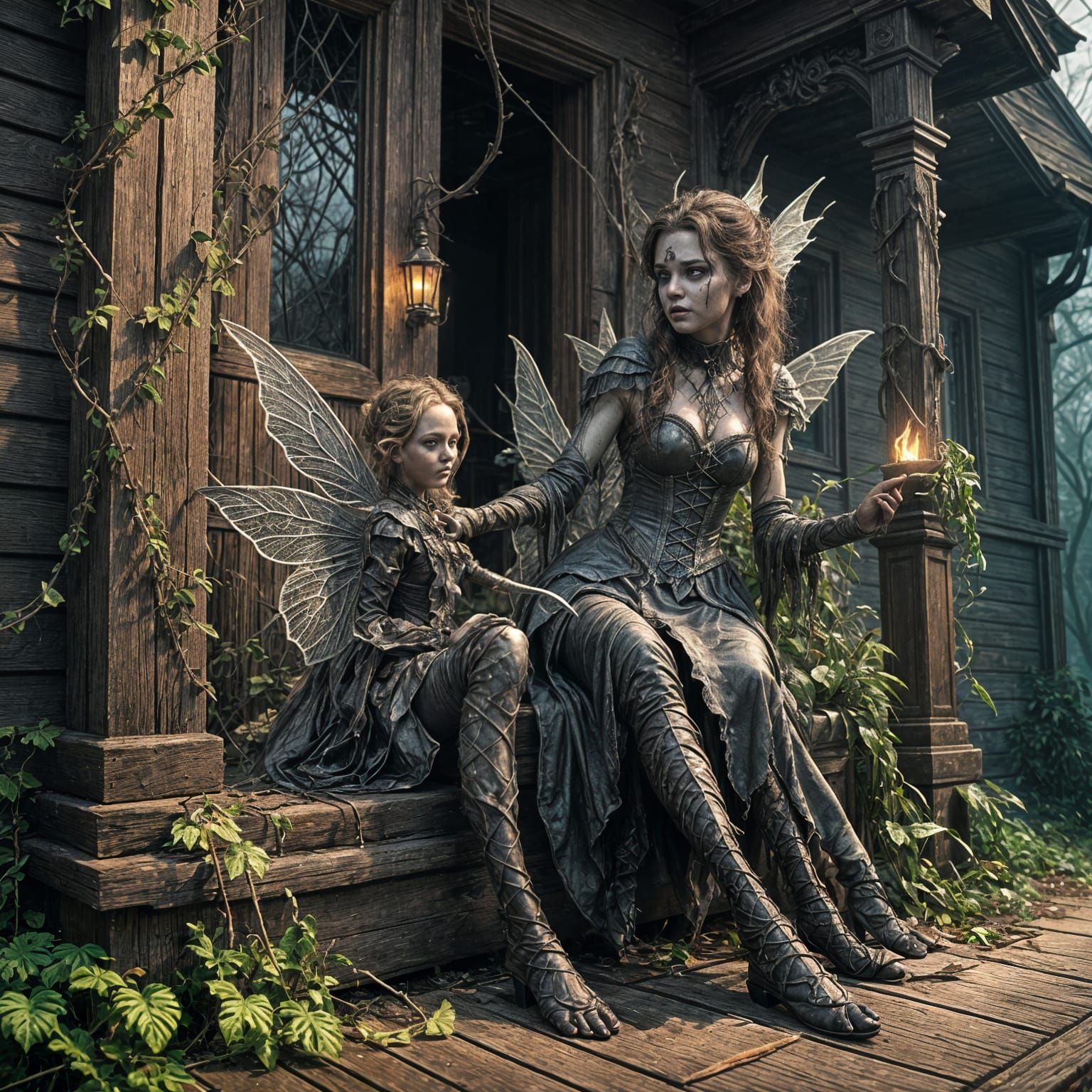 Wicked Fairy on Porch: Dark Fantasy 3D Realism