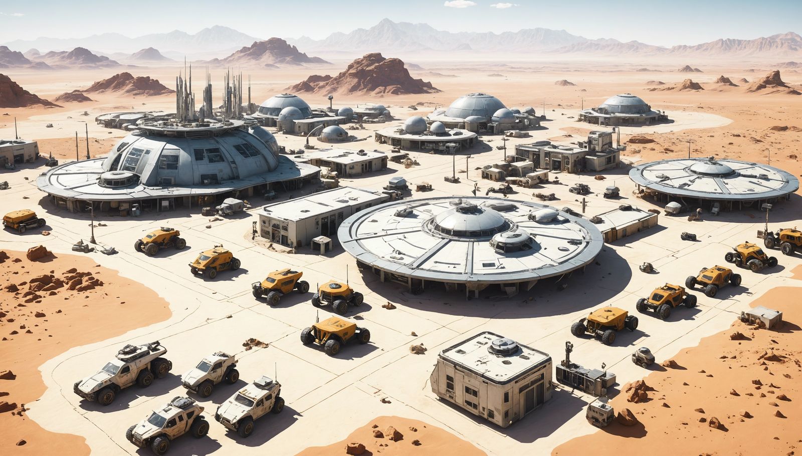 Low aerial view of a human colony town on an alien desert planet - AI ...