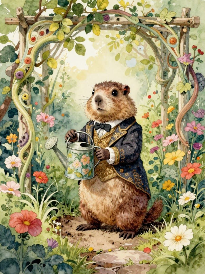 A Groundhog Watering Flowers
