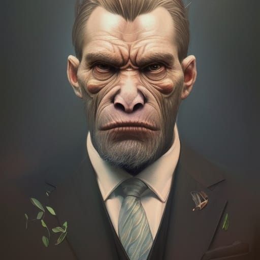 Ape in suit,surreal fantasy art,detailed face