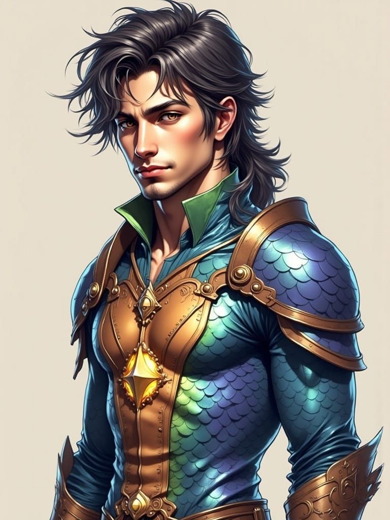 A hyper realistic piece <lora:Dimensional Stain:1.0> Appearance: The man with dragon scales  stands tall and proud, his powerful frame cover...