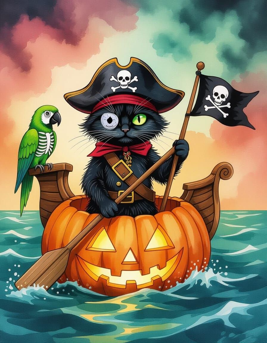 A realistic watercolor illustration of a black cat dressed as a pirate 