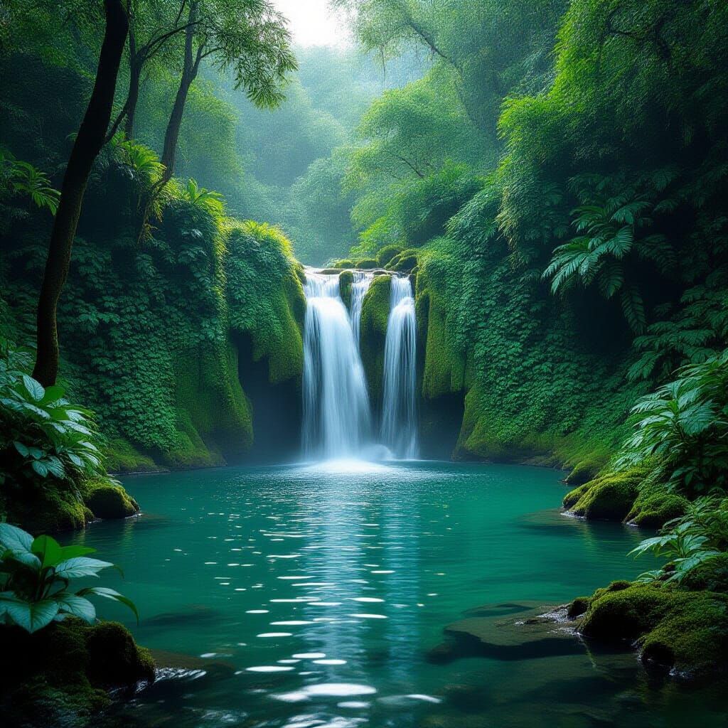 A serene landscape of a hidden waterfall cascading into a crystal-clear pool, surrounded by lush, overgrown foliage. The lighting is soft an...