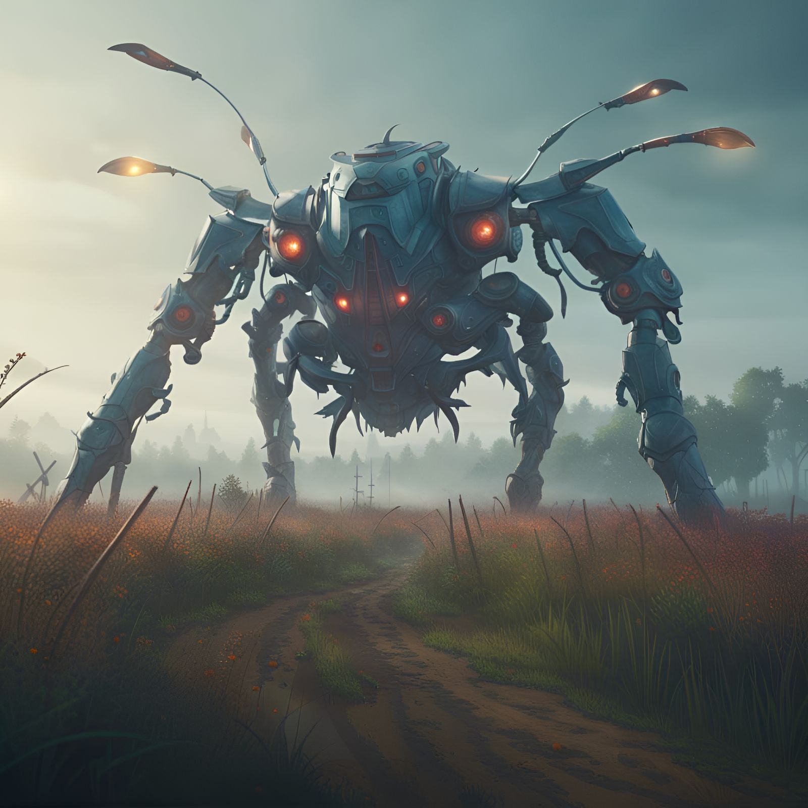 giant robot insect walks through the field among the village, in the ...