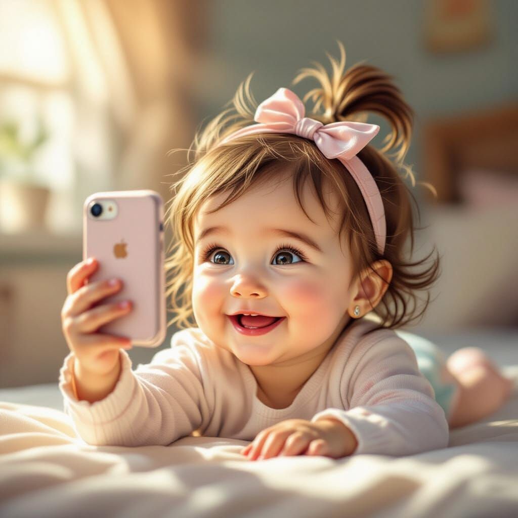 Cute Baby Girl Takes Selfie with iPhone in Playful Style