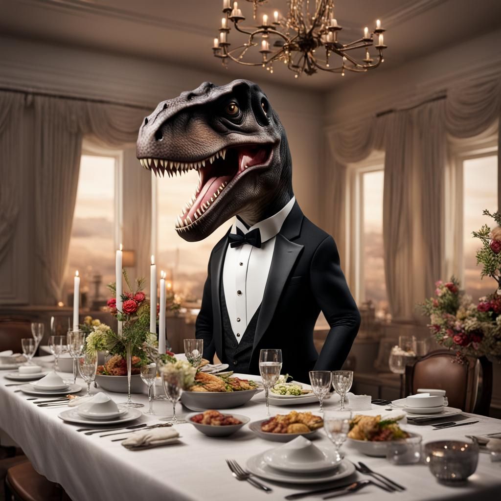 Hyperrealistic T-Rex at Dinner Party