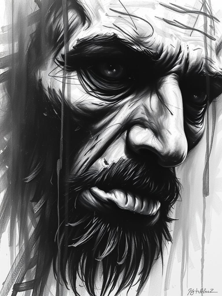 Dramatic Charcoal Drawing with Bold Brushstrokes