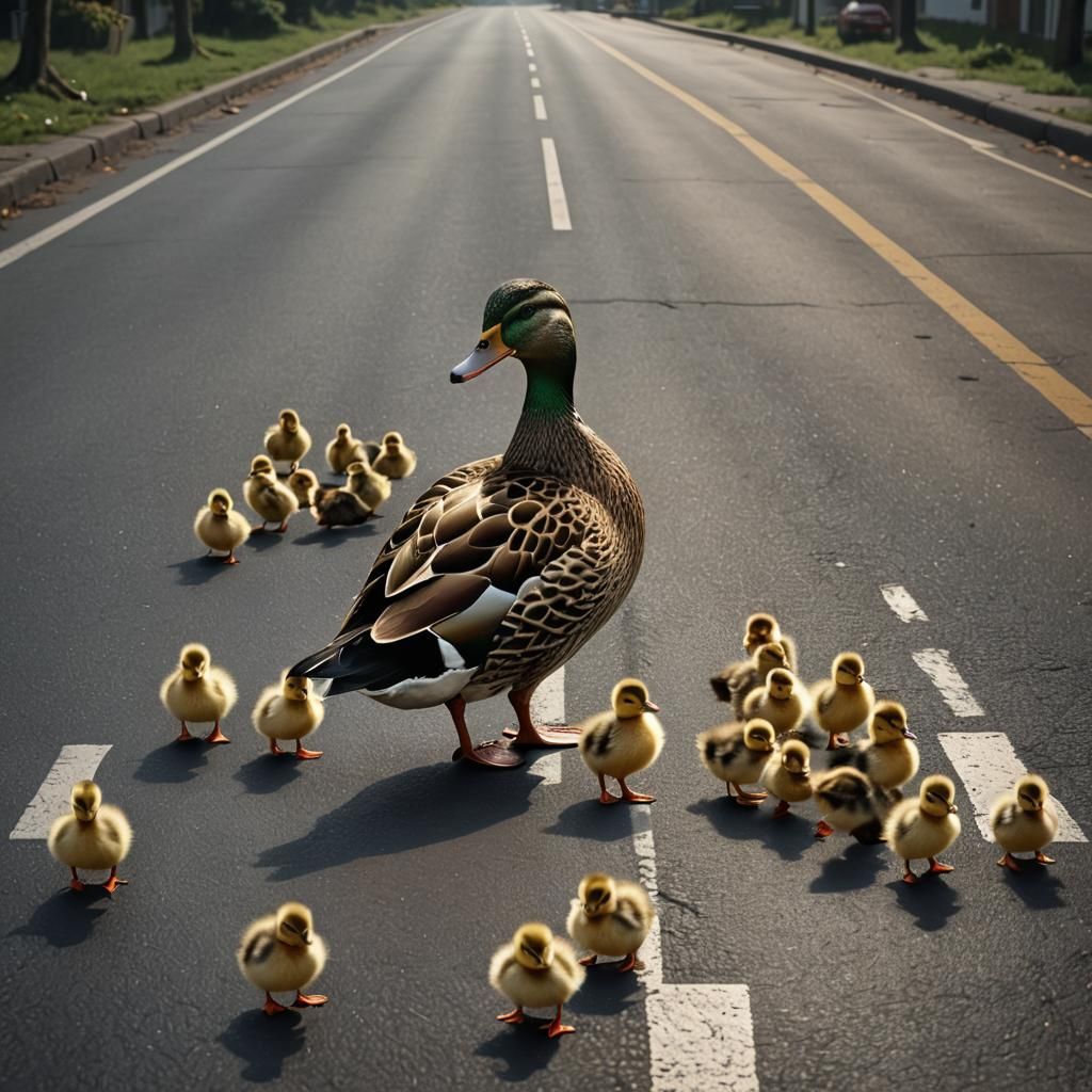 A duck crossing a road with its chicks behind it