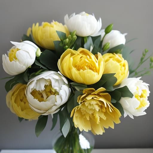Striking Peonies in Yellow, Grey, and White