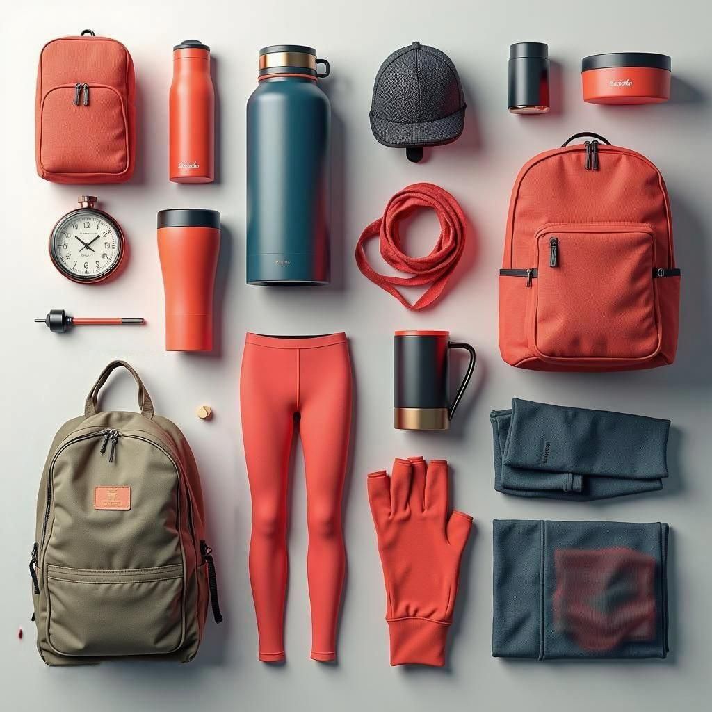 simple light background with gradient, top view. bright products are lying: thermometer, thermo mug, thermos, thermal underwear and thermal...