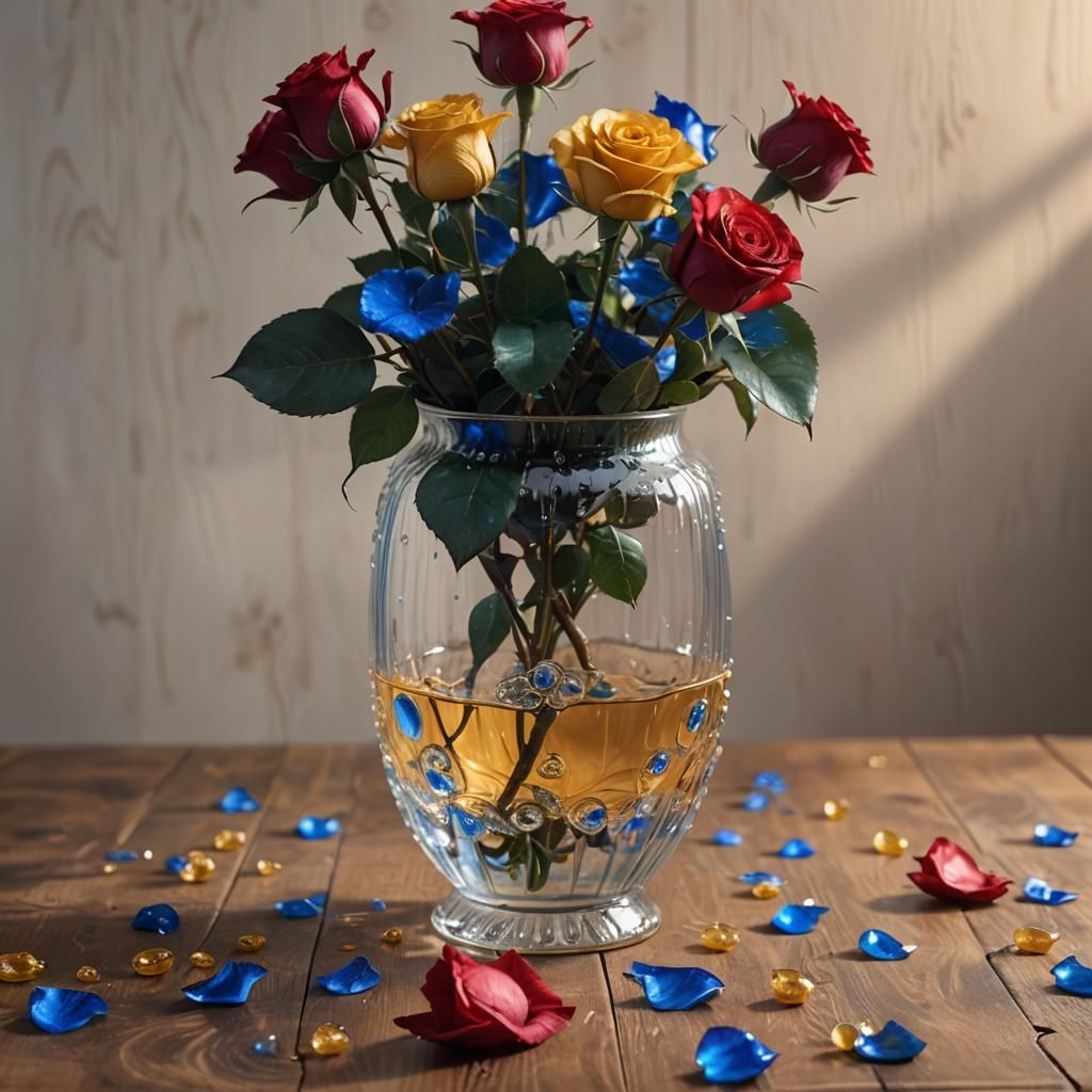 Ultra realistic vase with red blue roses