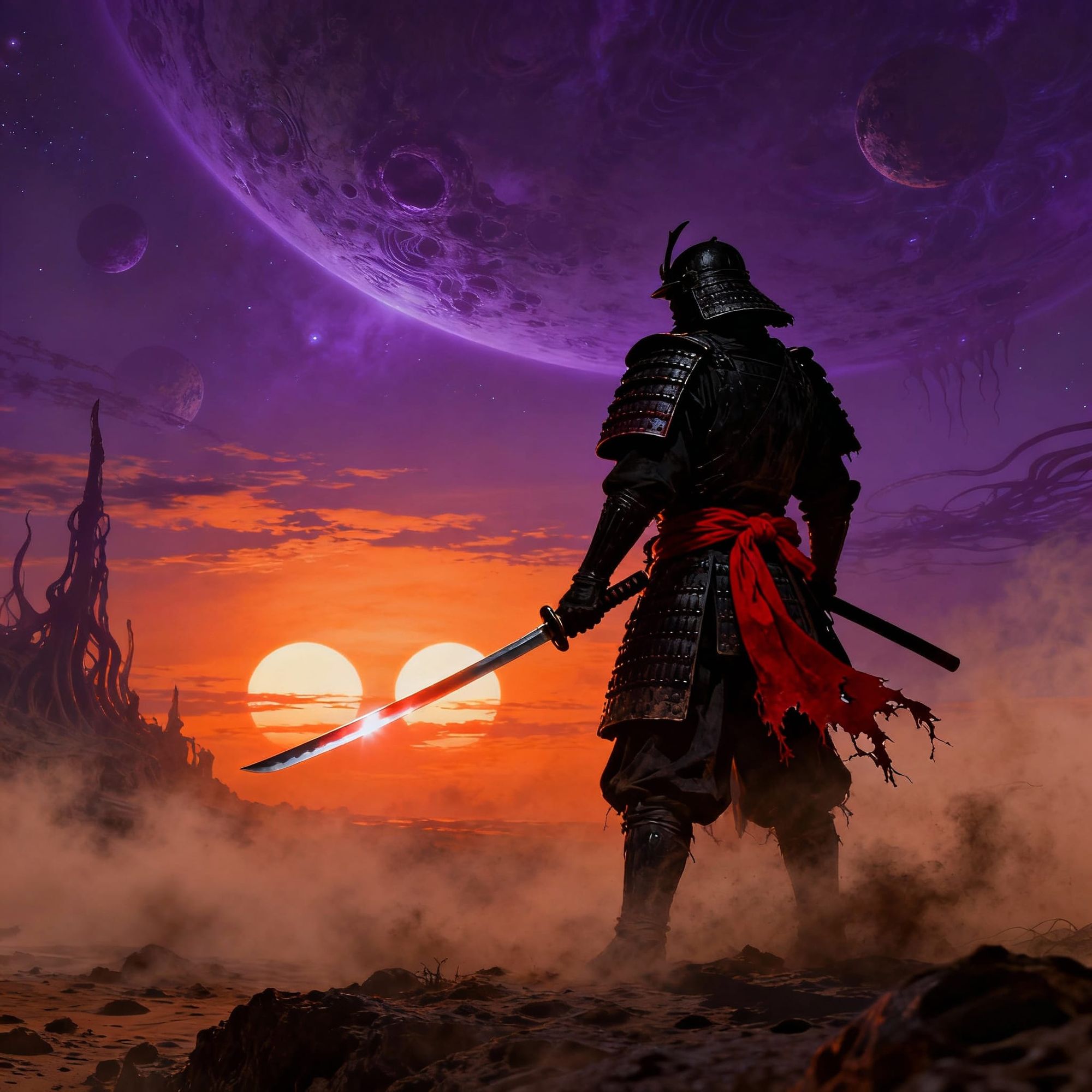 A lone samurai warrior, clad in traditional armor with a tattered red sash, stands silhouetted against a vibrant, alien sunset on a desolate...