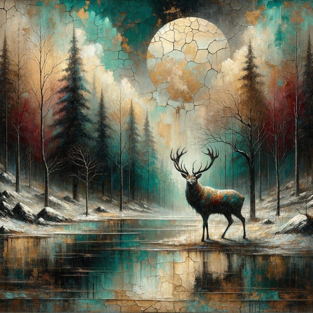 Majestic Stag by Reflecting Lake in Textured Mixed Media