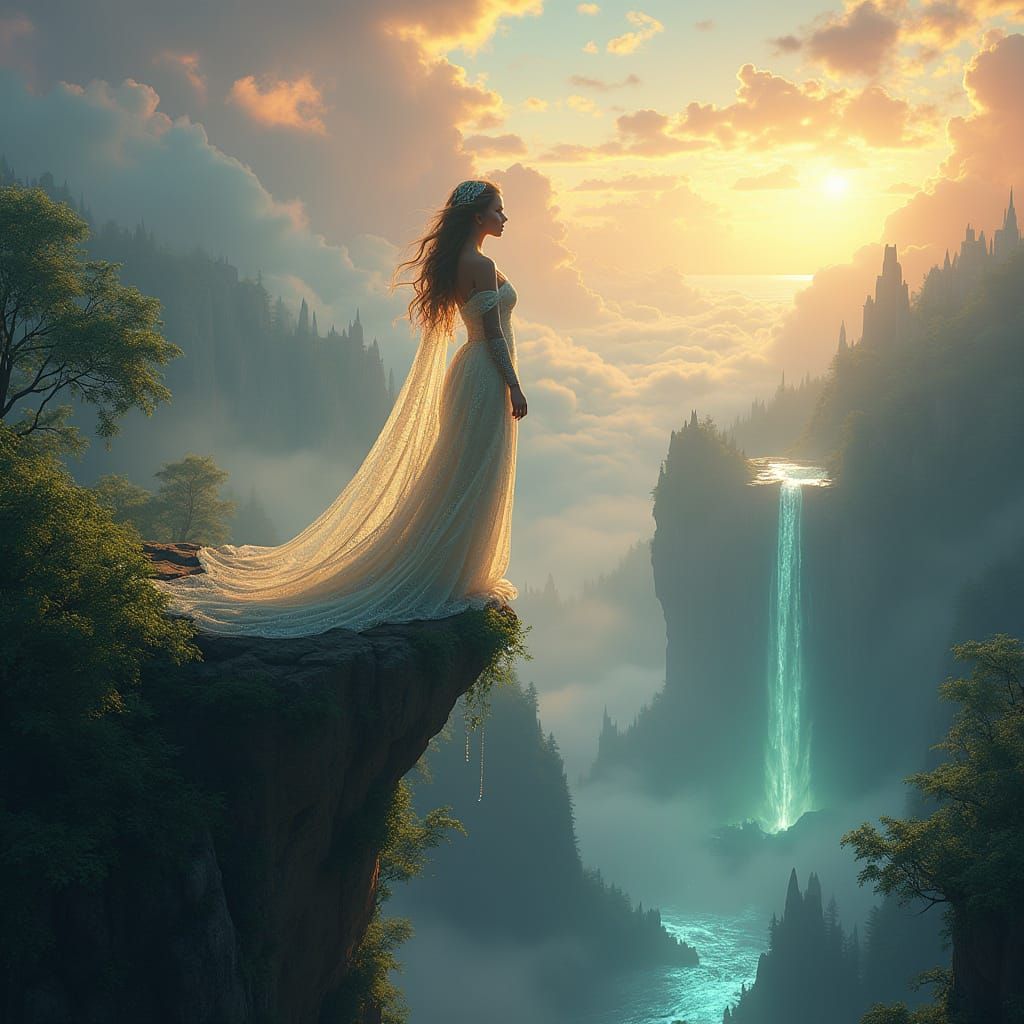 Ethereal Queen in Vibrant Precipice Landscape