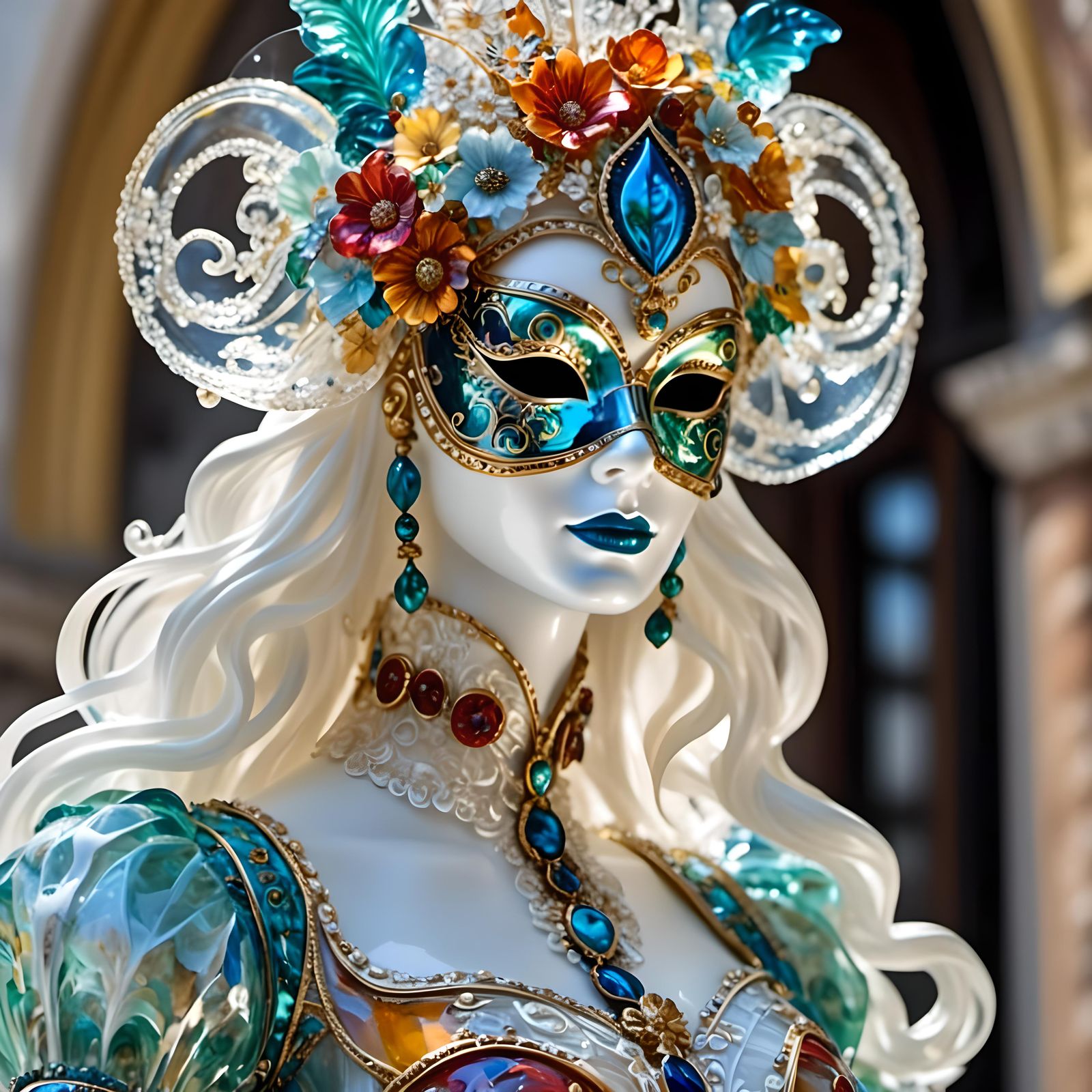 Artwork of transparent glass Statue of pretty woman with a venetian mask made of colorful murano glass, clear transparent female glassbody,...
