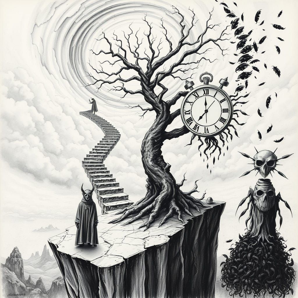 Figure in Dreamscape with Owl-Human Mask, Charcoal Sketch