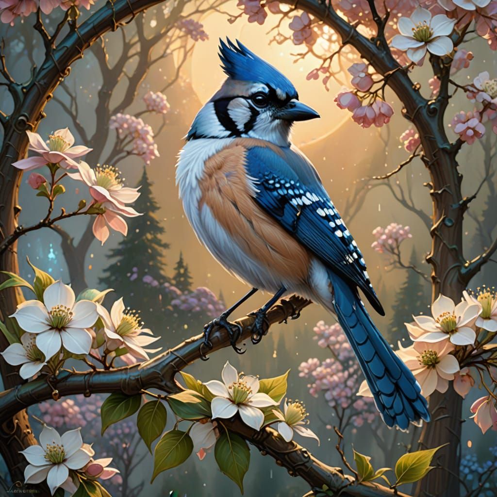 blue jay perched on dogwood branch  by @Ithil