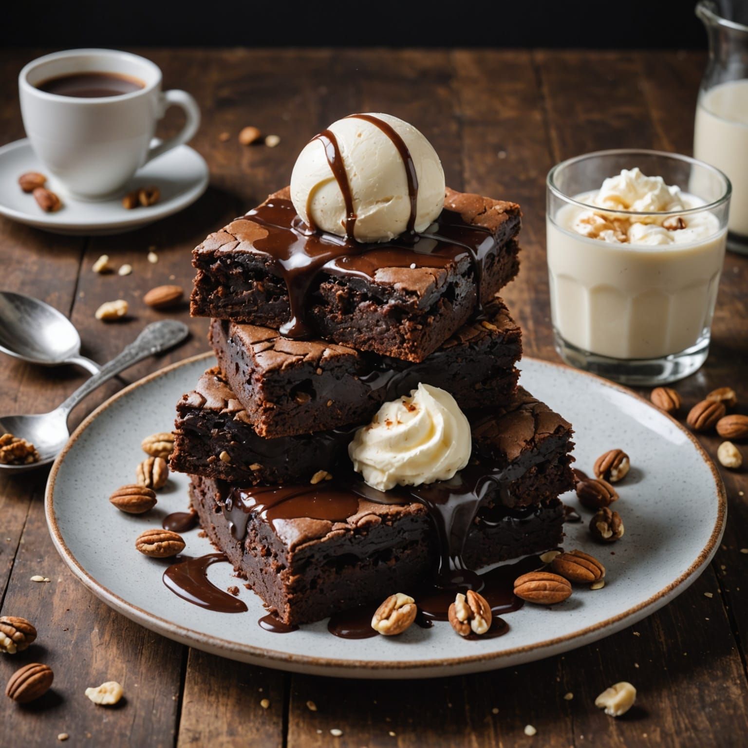 A mouthwatering stack of rich, fudgy chocolate brownies layered with chunks of nuts sits neatly on a ...  by @amrellin