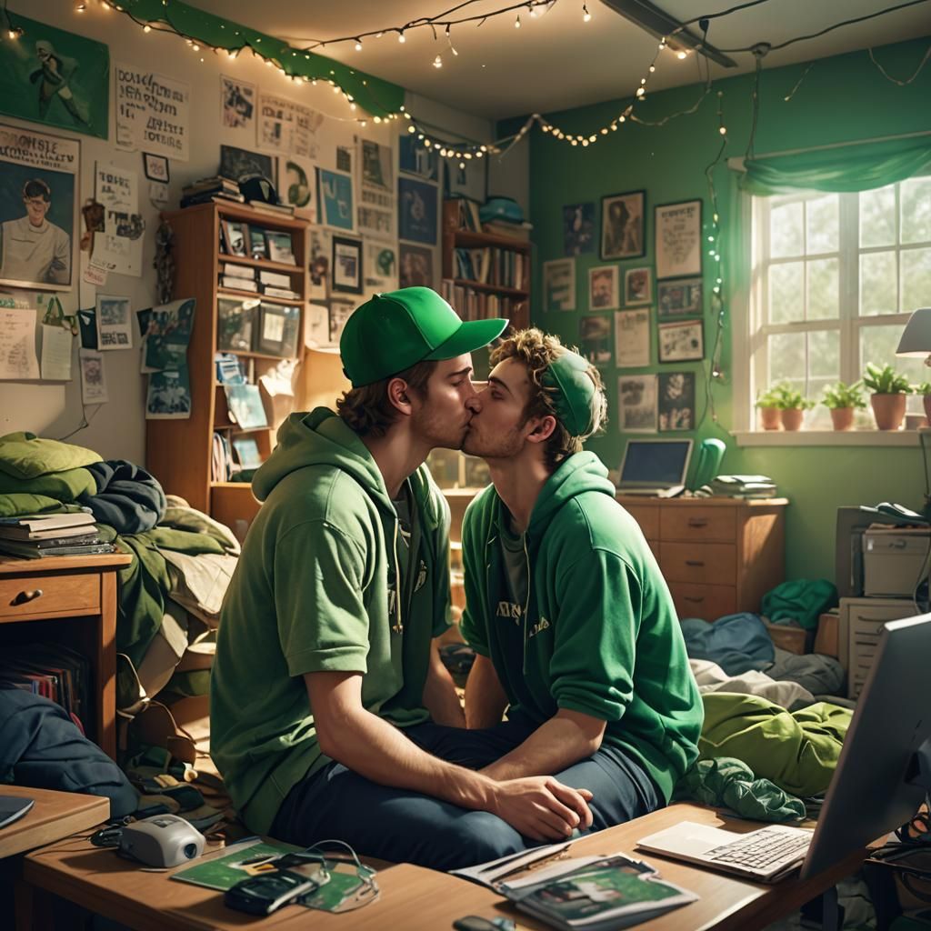 young white male college guy in tight green sweats wearing g...
