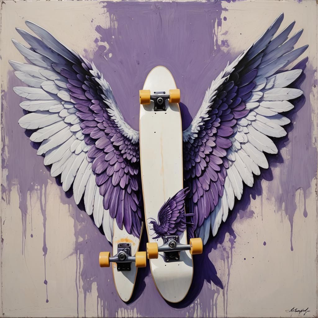 a white skate board with a pic of  purple angel wings on it