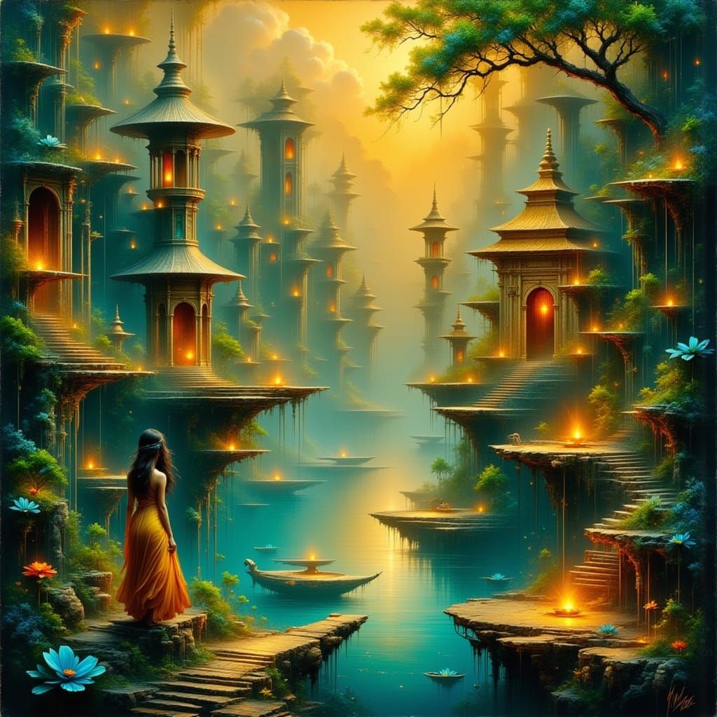 <lora:Ethereal Magic Flux:1.0> <lora:Akimora:1.0> Deep in the amazon the lost city of gold exist with it blue waters and golden temples  wit...