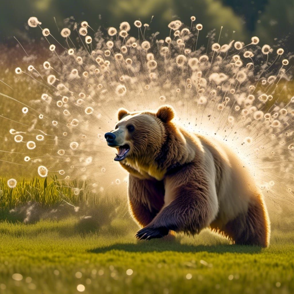 Close-up Ground-level Optical Projection panoramic microphotograph: Happy Surprised Obese Fluffy Bear Bounding through the grass at high spe...