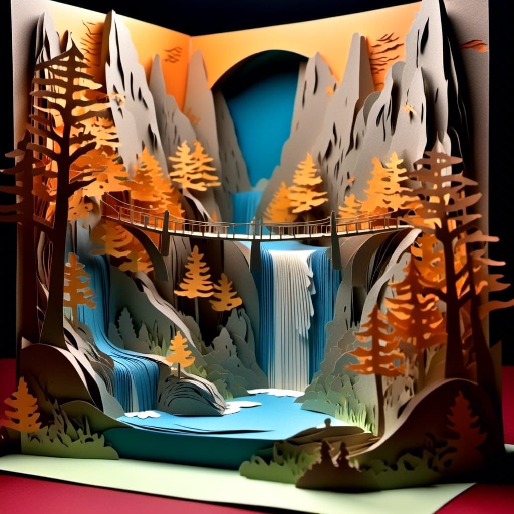  <lora:KirigamiFunV1:1.0> papercraft diorama of a tall waterfall in the Rockies with a bridge going across a canyon, kirigami, backlit