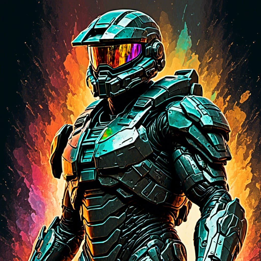 <lora:GrungeComics:1.0> <lora:Comic GS Photos:1.0> PS5 Game Character Concept art for  [Master Chief], Metallic greyscale Colourful shimmer...