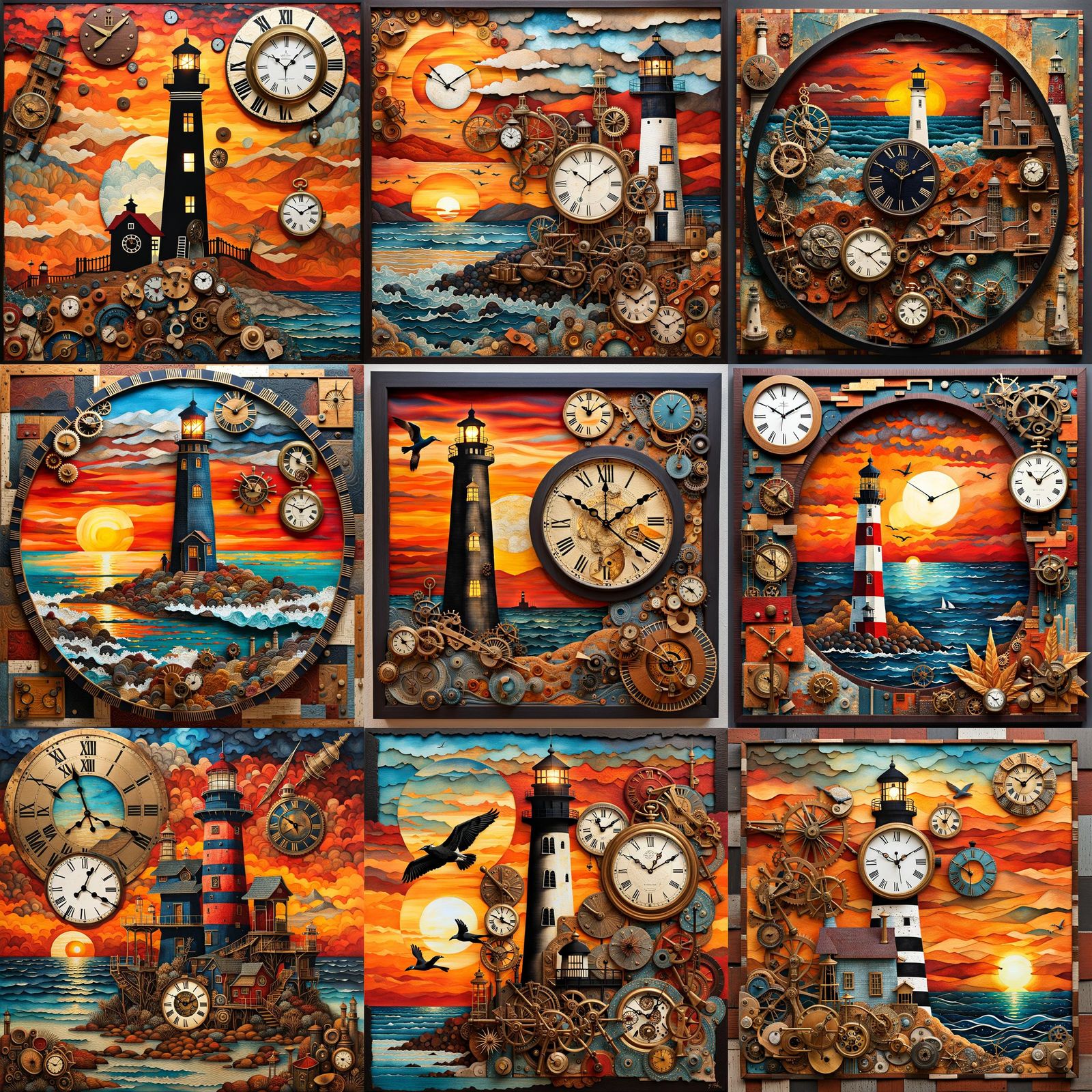 clockpunk watches and hourglasses dancing into time's sunset mixed media collage depicting a crafted Imaginative sunrise...