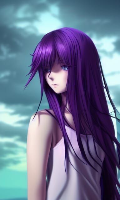 1girl, purple hair, close up shot, sleeveless clothing, clea...