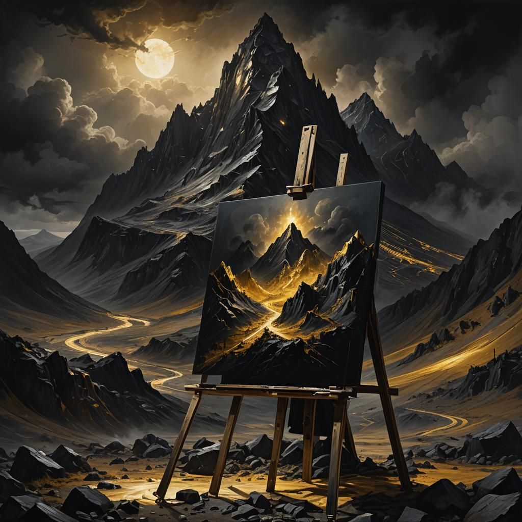 painting on an easel, a pitch black mountain painted with matte black paint, golden highlights, thick brush...  by @SilverFlakedSea
