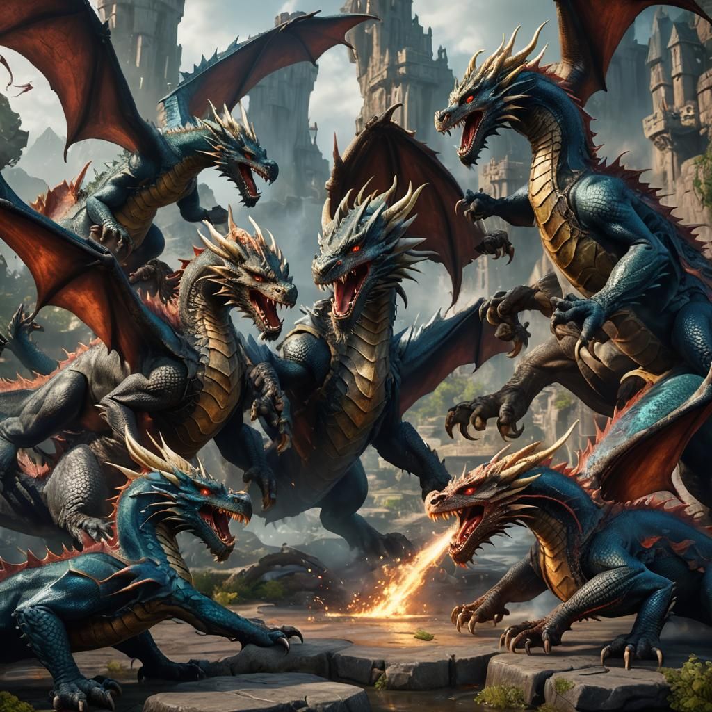 4 dragons fighting