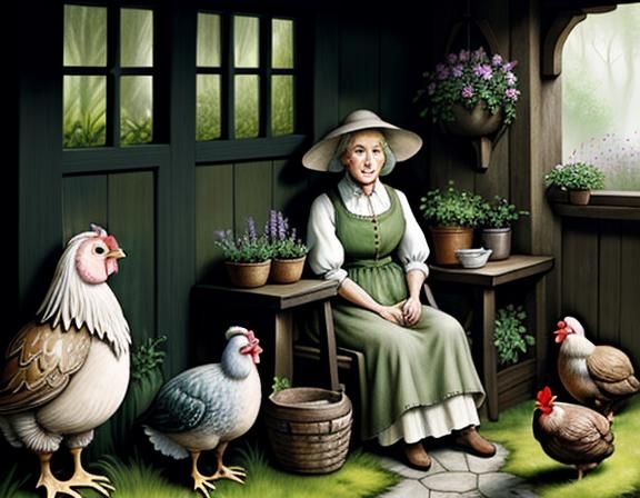 a female hobbit surrounded by hens and plants. water-color, ...