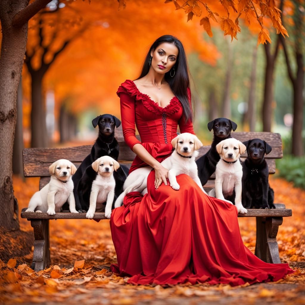 graceful beautiful young woman with her puppies in an autumn...