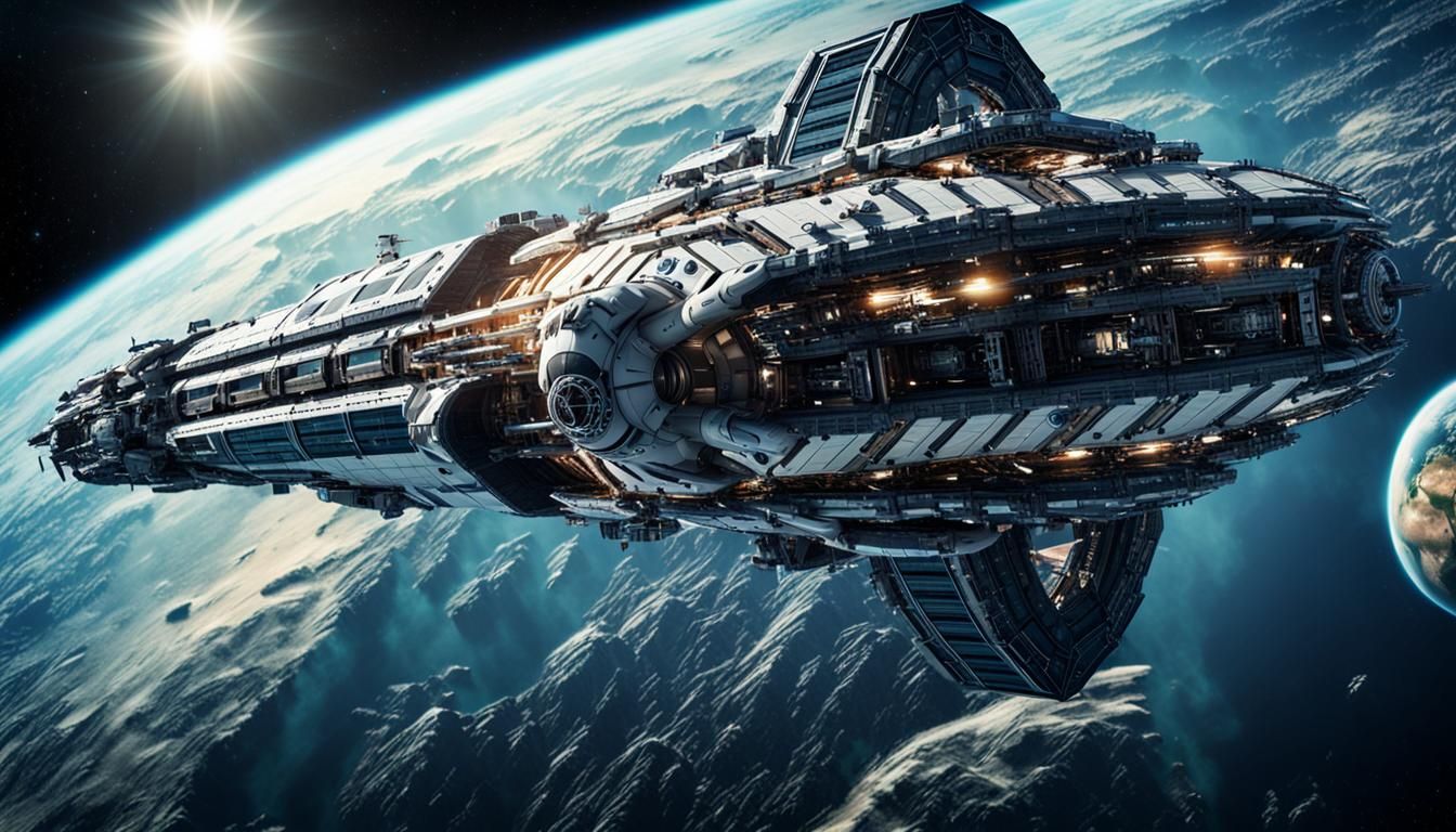 A futuristic spaceship in orbit around planet Earth from a science fiction movie. intricate details, HDR, beautifully shot, hyperrealistic,...