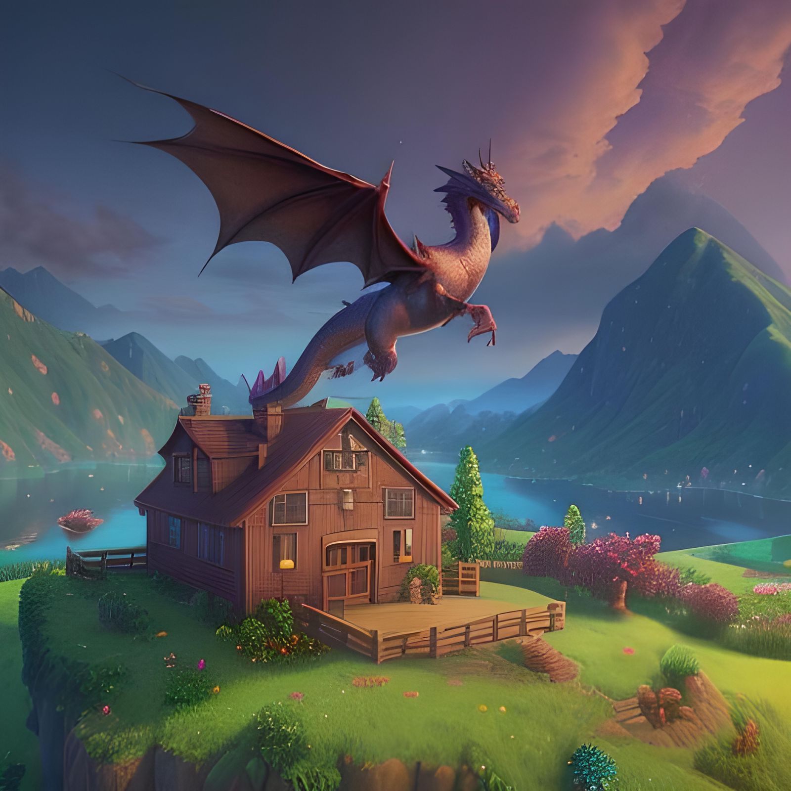 A Stardew Valley House near the lakeside, two dragons flying on the sky.