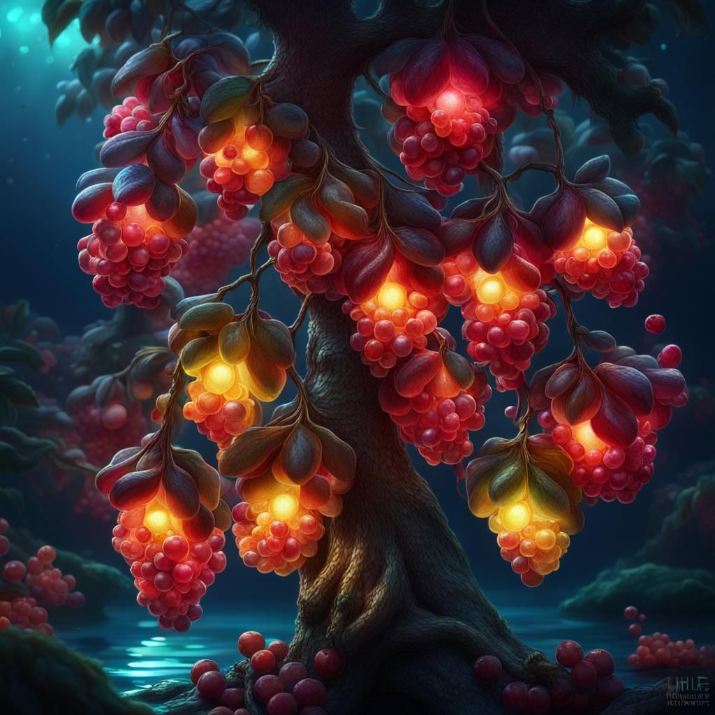 Magical plant, Glowing berries tree,Bioluminescence