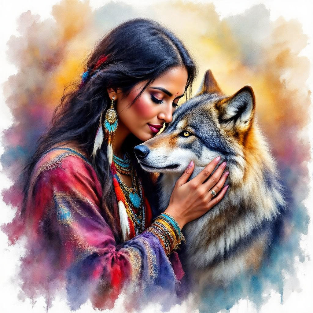 A beautiful American Indian lady is showing affection to a wolf