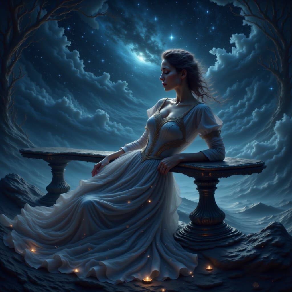 Tired space woman resting on a bench on a star base <lora:Thayosin:1.0>