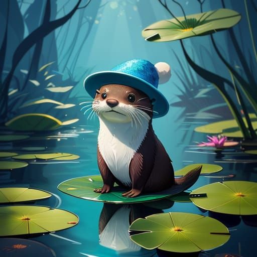 Whimsical Otter in Hat on Lily Pad