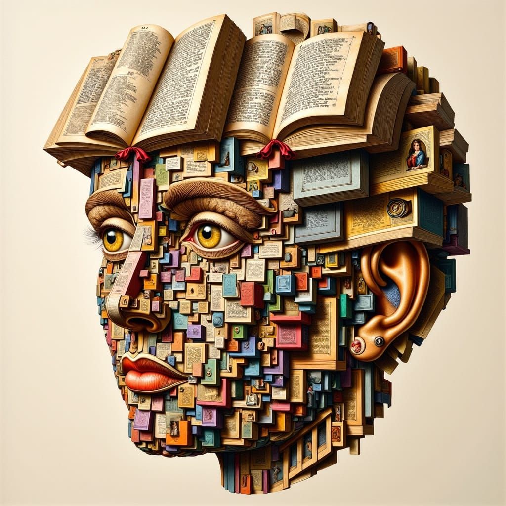 <lora:noddle:1.0> A face composed of a tiny open books and a spiral staircase. A bright hyperrealistic drawing in the mannerist style. Anamo...