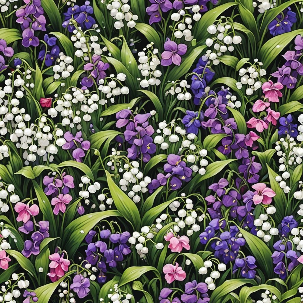 Garden filled with lily of the valley, pretty petunias, viol...