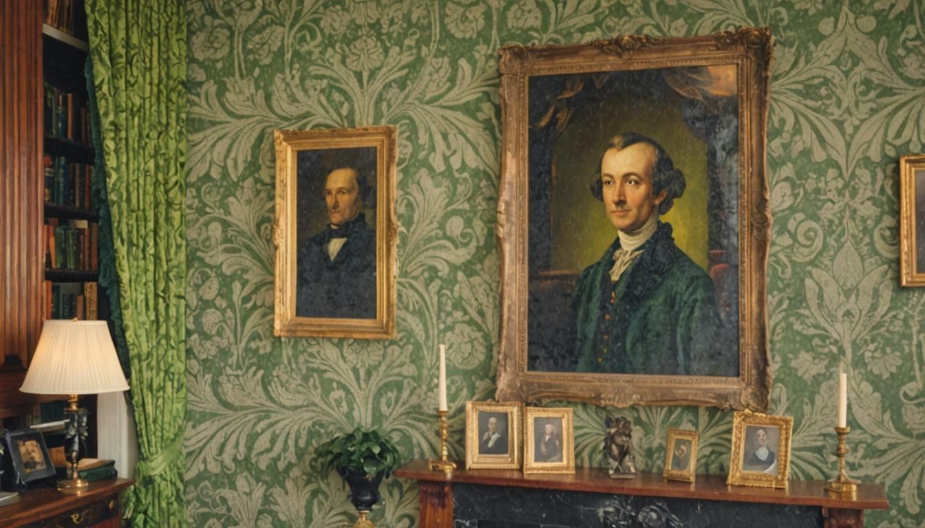 New Orleans library with coal burning fireplace black lace drapes green damask wallpaper antique furniture and portrait over the mantle