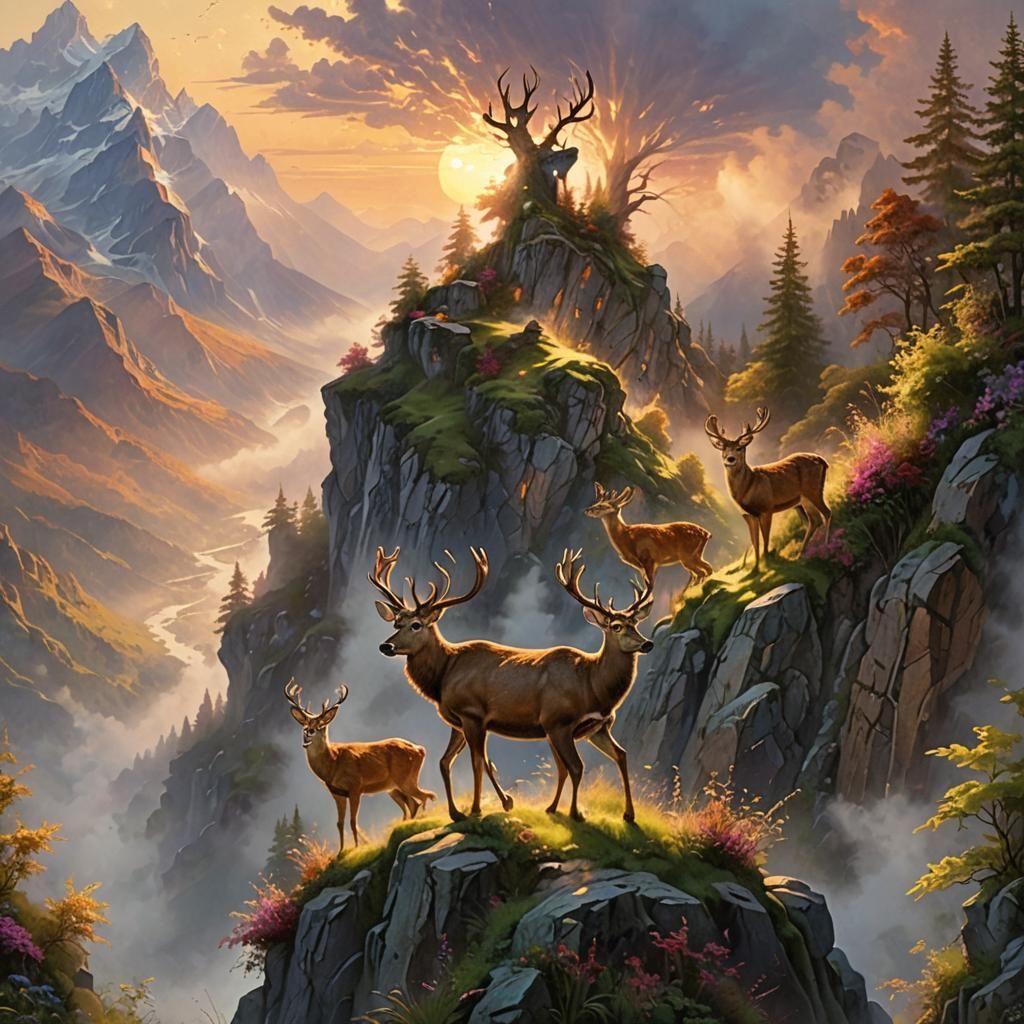 deer with their young, on a steep mountain in the Alps
surro...