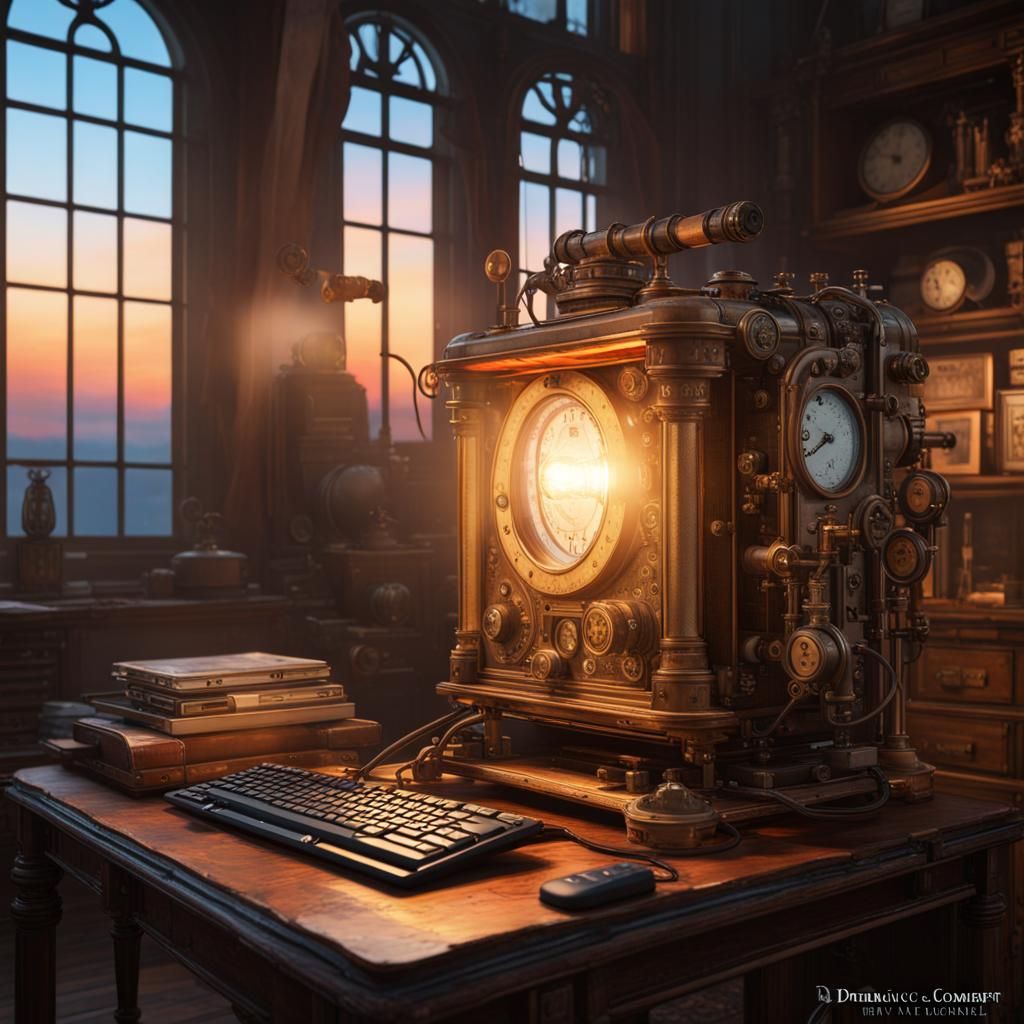 Steampunk computer (light at dawn:1.9) (watercolors:1.9) 8k ...