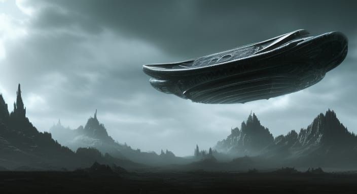 Cinematic fantasy landscape with alien ship hovering - AI Generated ...