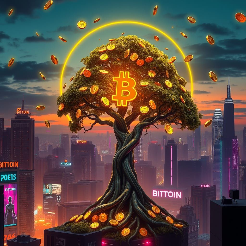 Glowing Cyberpunk Cityscape with Majestic Golden Tree