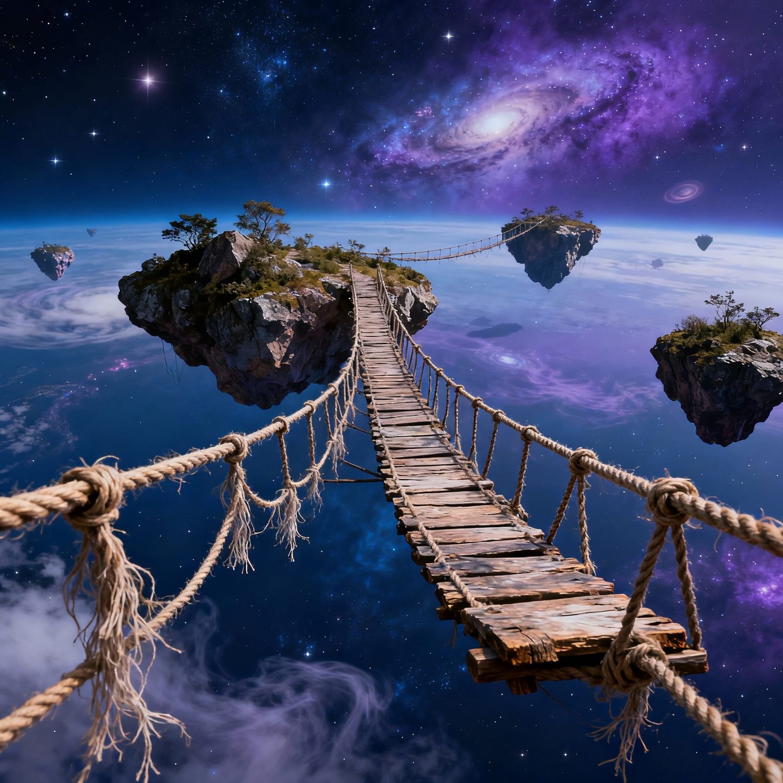 A cluster of small islands connected by rope bridges floating in outer space  by @Mr Mrs Meadows